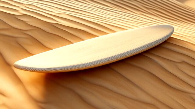 A light-colored wooden surfboard rests on a golden expanse of rippled desert sand.