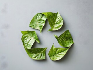 Recycle symbol made of fresh green leaves on gray background
