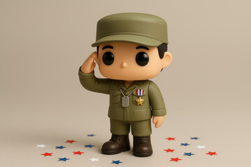 Cute US Army soldier toy saluting with medal and dog tags