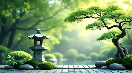A minimalist Japanese garden themed image featuring a subject on the right, such as a stone lantern or a bonsai tree