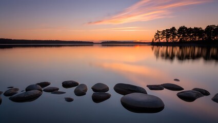 Serene sunset over a calm lake with silhouetted trees and smooth rocks in the foreground
