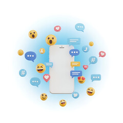 Smartphone surrounded by social media icons and emojis, communication concept