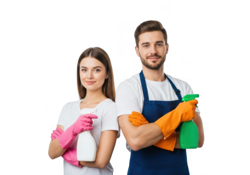 Cleaning service couple with spray bottles and cloths isolated on transparent background