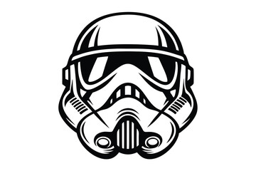 Black and white line art depicts a galactic soldier's helmet in format
