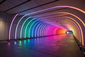 Vibrant rainbow archway tunnel illuminated with colorful neon lights