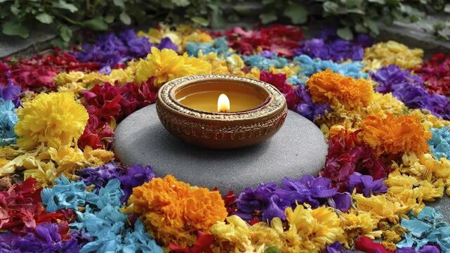 Lit candle atop a grey stone surrounded by multicolored flower petals