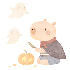 Cute Capybara Halloween Watercolor – Pumpkin Carving with Friendly Ghosts, Trick or Treat Illustration