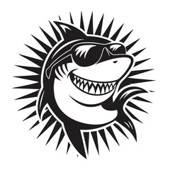 Black and white shark sporting sunglasses with a spiky sun ray background