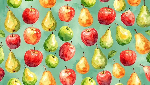 Watercolor pattern of apples and pears on teal background - Powered by Adobe