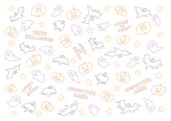 カボチャとおばけとコウモリのかわいいハロウィン線画模様
