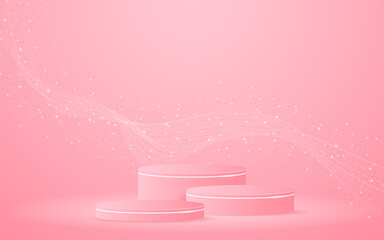 Pink podium with elegant white wave lines on the back for product presentation. Display of cosmetic products. Stage or podium. vector illustration	