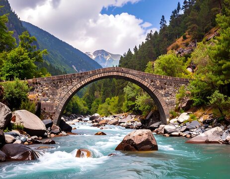 Stone Arch Bridge over Mountain River - Powered by Adobe