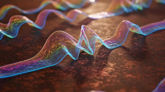 Iridescent Ribbon Structure on Rustic Surface with Playful Light