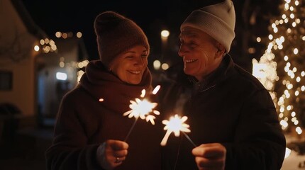A happy elderly couple holds sparklers outside on a winter evening, smiling warmly and celebrating the holiday. The festive Christmas lights in the background create a cozy and joyful atmosphere. - Powered by Adobe