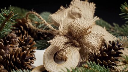 A festive still life showcasing a rustic handmade Christmas ornament made from burlap and wood, surrounded by natural pine cones and evergreen branches - Powered by Adobe