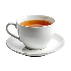 White teacup filled with amber liquid, resting on saucer