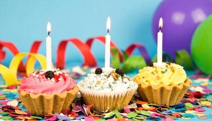 Colorful Birthday Cupcakes with Lit Candles and Bright Icing