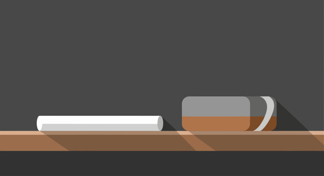 A white chalk stick and a brown and grey eraser rest on a wooden shelf in front of a dark chalkboard, ready for learning or drawing.