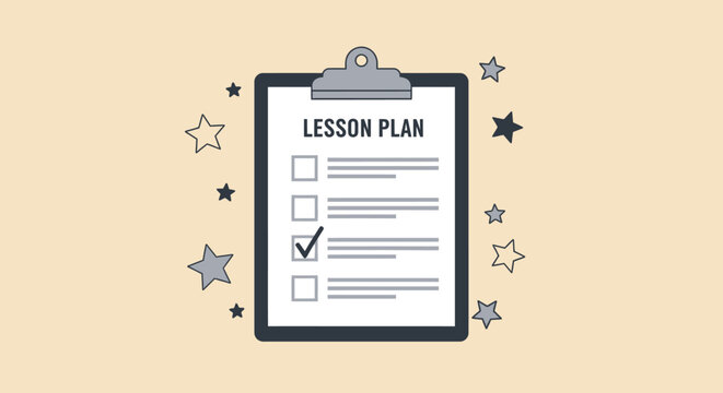 A lesson plan checklist with a checkmark, surrounded by stars, on a light background.