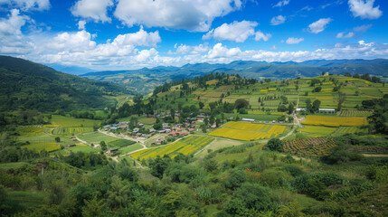 Rural village in mountain valley with terraced fields and vibrant crops