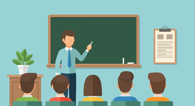 A male teacher instructs a group of students in a classroom setting with a chalkboard. - Powered by Adobe