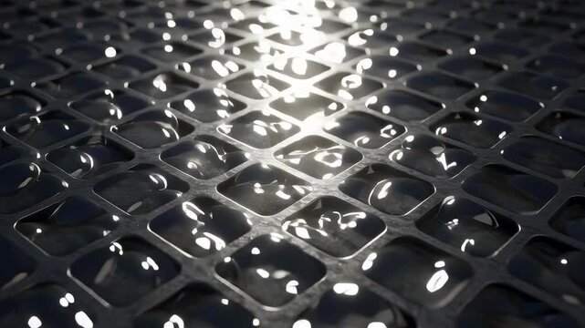 Metal Grid Surface with Water Droplets Reflecting Sunlight Abstract