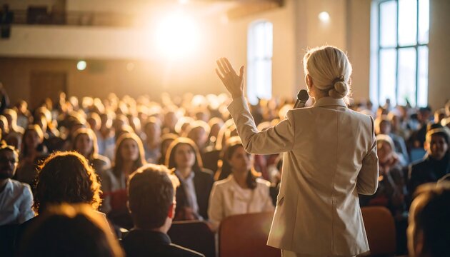 Speaker addressing a large audience in a hall