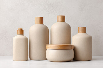 Serene beauty skincare set with cosmetic bottle, jar, and container. wooden cap packaging on cream and lotion products creates natural mockup for wellness brand