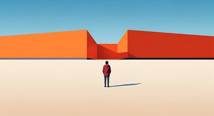 Solitary Figure Facing Geometric Orange Structures.
