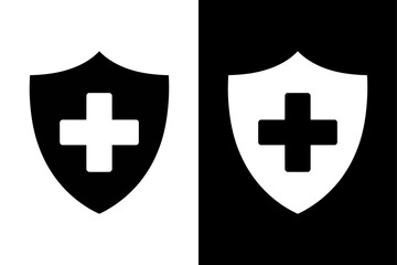 Fototapeta premium black and white Medical shield, health protection symbol icon Silhouette vector style