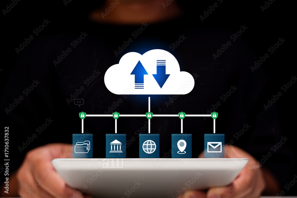 Poster a person holds a tablet displaying cloud storage icons, symbolizing data transfer and digital commun