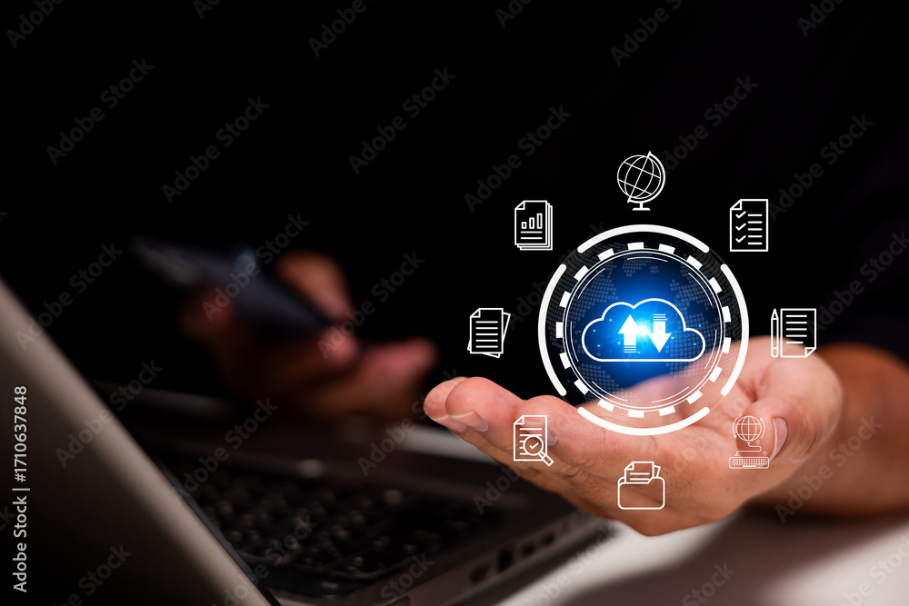 Fototapete a hand holds a cloud icon with data symbols, representing cloud computing and digital connectivity i