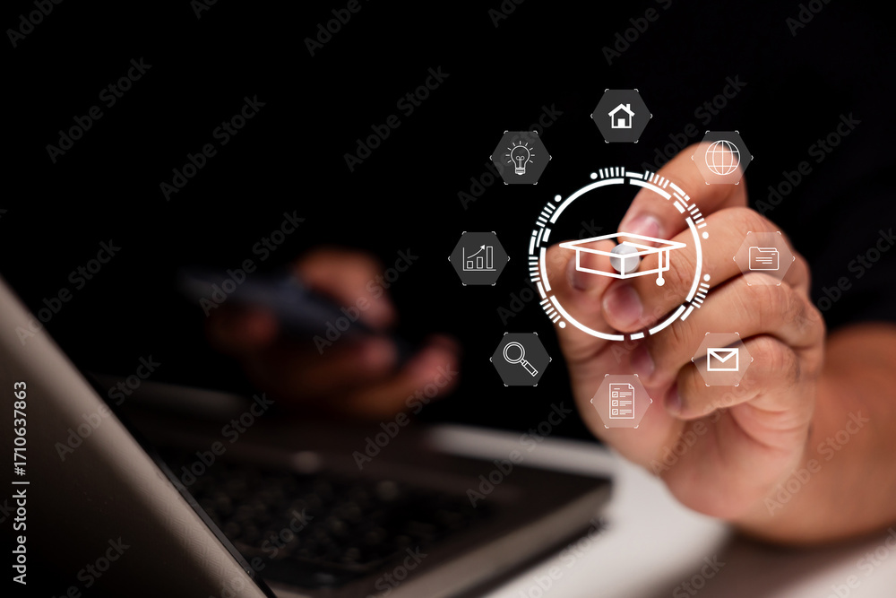 Poster a hand interacts with digital icons on a touchscreen, showcasing technology and connectivity in a mo