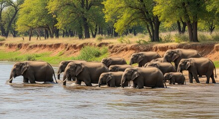 Majestic herd of elephants walking through shallow river water in their natural savanna habitat on a sunny day.