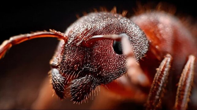 Macro view of a red ants head with detailed eyes antennas and spiky hair