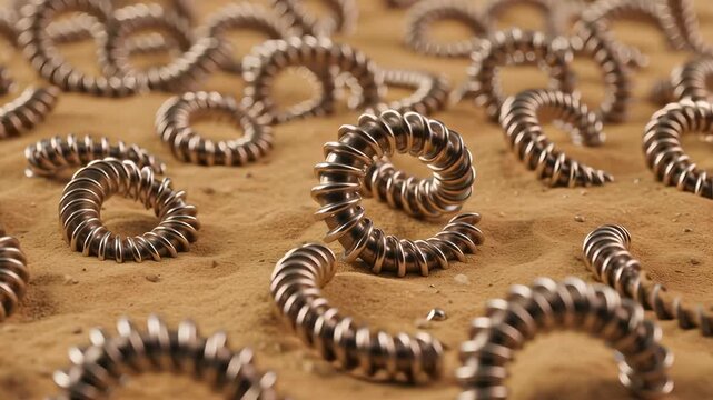 Metallic Spiral Springs Scattered on Golden Sandy Ground in Close Up View