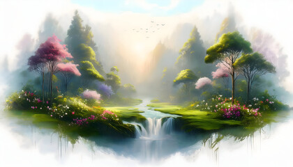 3D rendering watercolor illustration painting background, floating wild, spring forests on digital art concept, Generative AI.