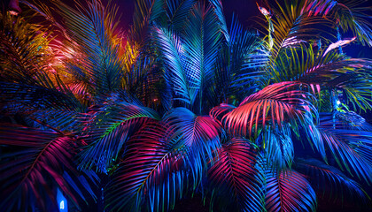 Fototapeta premium Vibrant Tropical Foliage Illuminated By Neon Lights Creating A Surreal And Evocative Atmosphere