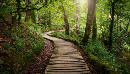 Obraz premium Winding Path Through Lush Forest Nature Walkway Tranquil Environment