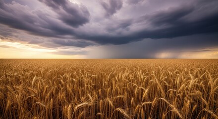 Vast golden wheat field under a dramatic stormy sky, ready for harvest in a serene rural landscape.
