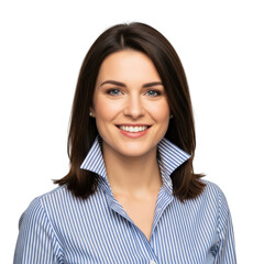 Portrait of a young woman smiling confidently wearing a striped blue and white shirt transparent background