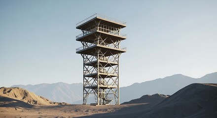 Metal Observation Tower in Desert Landscape.