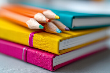 Stack of colorful notebooks and sharpened pencils on desk, back-to-school mood, 