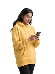 Smiling woman texts on her phone with a transparent background for posters, social media, and product presentation. PNG