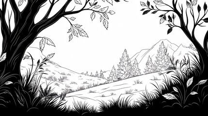 Fototapeta premium Black and white hand drawn natural landscape illustration