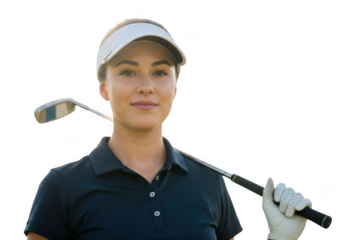 Woman golfer holding a club isolated on transparent background