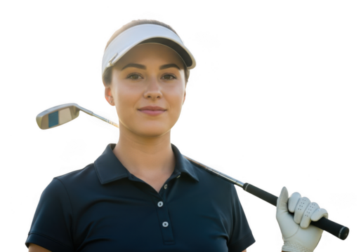 Woman golfer holding a club isolated on transparent background