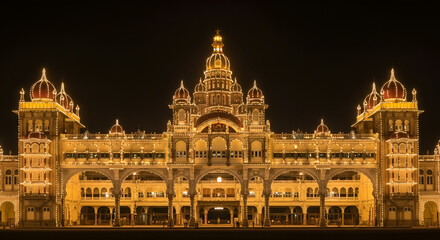 Obraz premium Spectacular Light illumination of Royal Mysore Palace is illuminated with 97000 electric bulbs on Sundays, national holidays & during ten days of Dasara Celebrations. Mysore, Karnataka