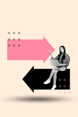 Composite artwork 3d photo collage of happy businesswoman sit arrow development hold laptop freelancer aim achievement progress