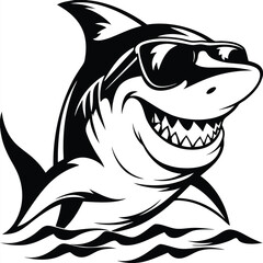 Bold shark illustration reveals sharp teeth and enjoys water wearing sunglasses with happy expression